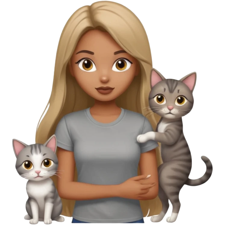 a pretty bratz dusky girl with long straight hair playing with 2 cats nd wearing a grey tshirt emoji