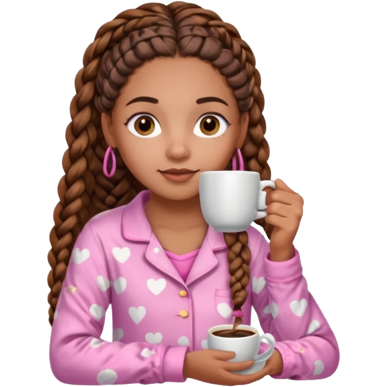 Create a mixed-skin girl with long brown African braids (french curls), brown eyes and beauty spots on her face, drinking coffee and wearing pink pajamas. emoji