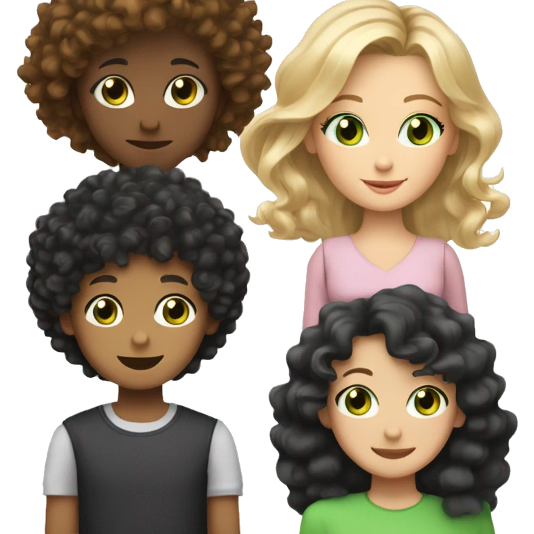 pretty white mom with curly black hair and brown eyes, a 6-year-old boy with black hair and green eyes, and a 13-year-old girl with curly blonde hair and brown eyes emoji