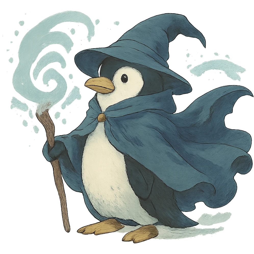 penguin wizard with a flowing cloak and magical aura emoji