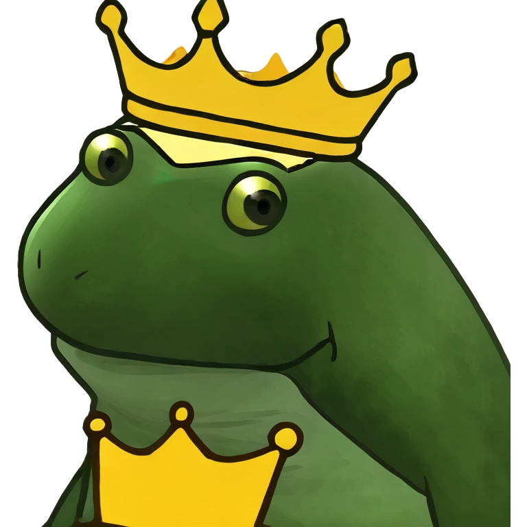 frog meme as a king wearing a golden crown surrounded by a glowing aura emoji