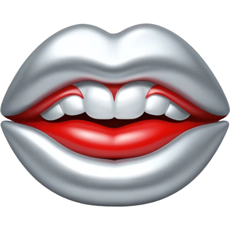 Chrome silver lips emoji, glossy metallic texture, iOS emoji style, smooth reflections, bold but minimal design, centered, silver mouth. all silver emoji