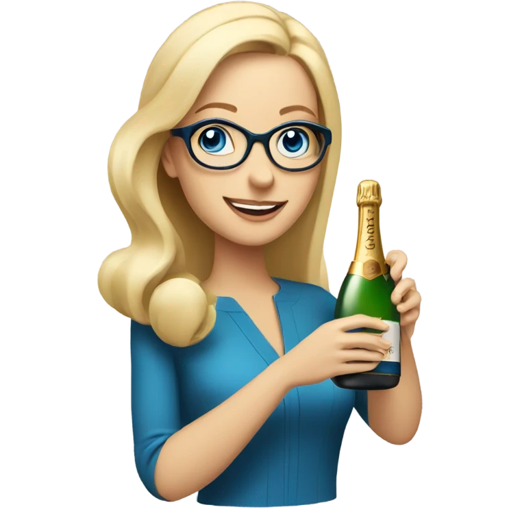 À blonde woman with blue eyes wearing glasses opening a bottle of champagne emoji