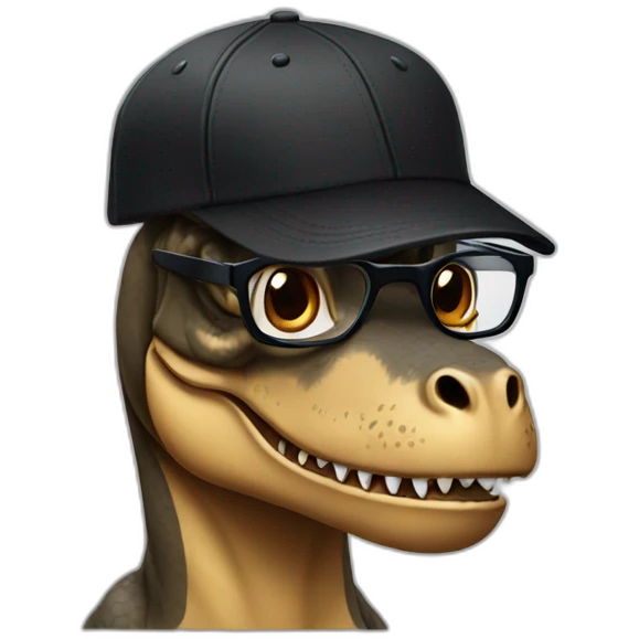 trex with black baseball cap wearing thick glasses and black shirt emoji