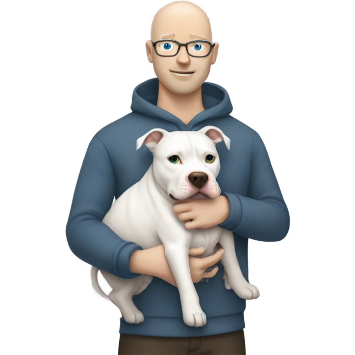 white bald man with blue eyes hugging dark grey no white pit bull emoji