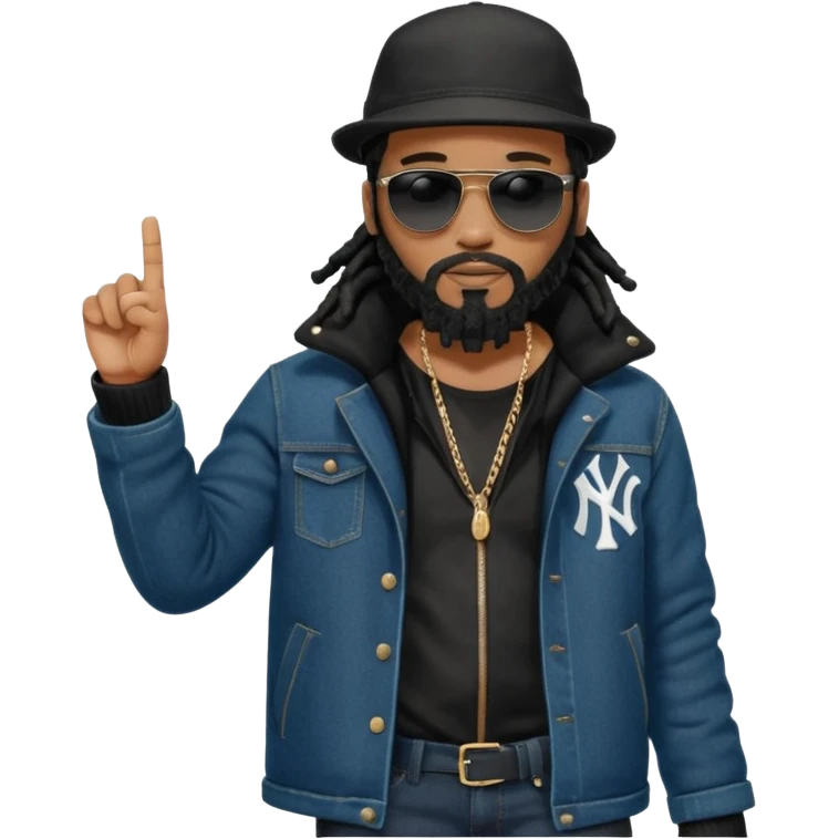 African American man with shoulder length black dreadlocks and black beard with black sunglasses wearing a black bubble winter coat with denim skinny jeans and timberland boots and a black New York Yankees baseball hat pointing finger emoji