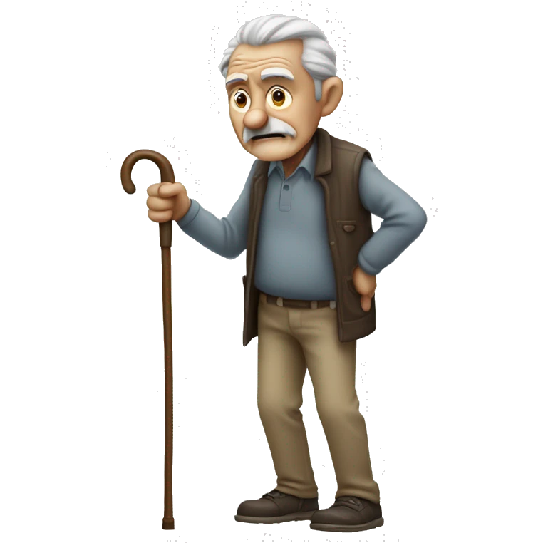 Old man leaning on a walking cane and holding his back with his hand grumpy face, detailed emoji