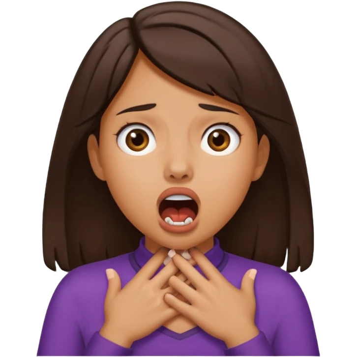 girl with tan skin and dark brown hair with two hands on her neck (overlapping) choking with mouth open and eyes crazy emoji