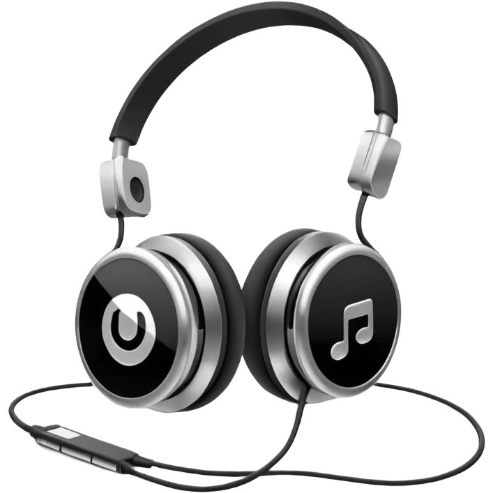 Futuristic iPod emoji with earphones, metallic black and white, smooth reflective surfaces, flat minimal vector design, clean UI style emoji