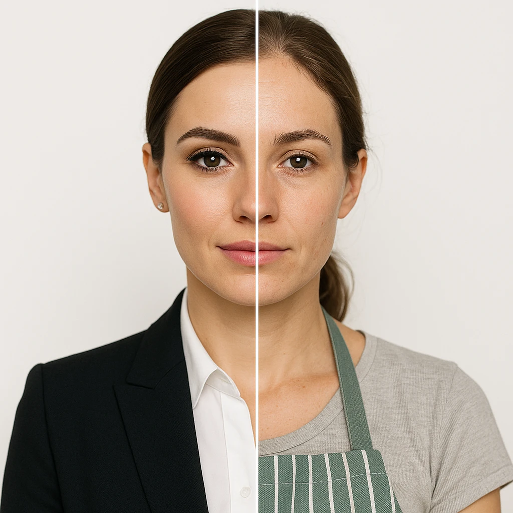 hyper realistic split-image of a beautiful woman, one half of her face with professional makeup and business office attire, the other half natural and makeup-free, wearing a kitchen apron like a homemaker, symmetrical composition, white background, clear contrast between the two roles emoji