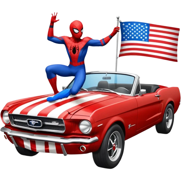 Spider-Man driving a 65 Ford Mustang fastback with the American flags on it emoji