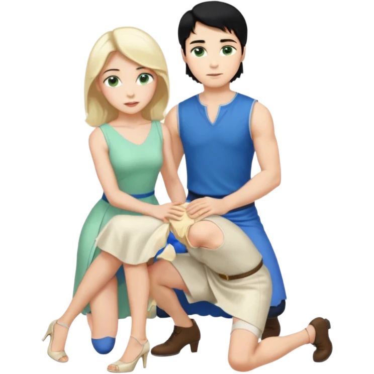 prince, upright, black Hair, blue eyes, garment,  Woman, bending knee, sleveless white dress, blonde hair, green eyes, emoji