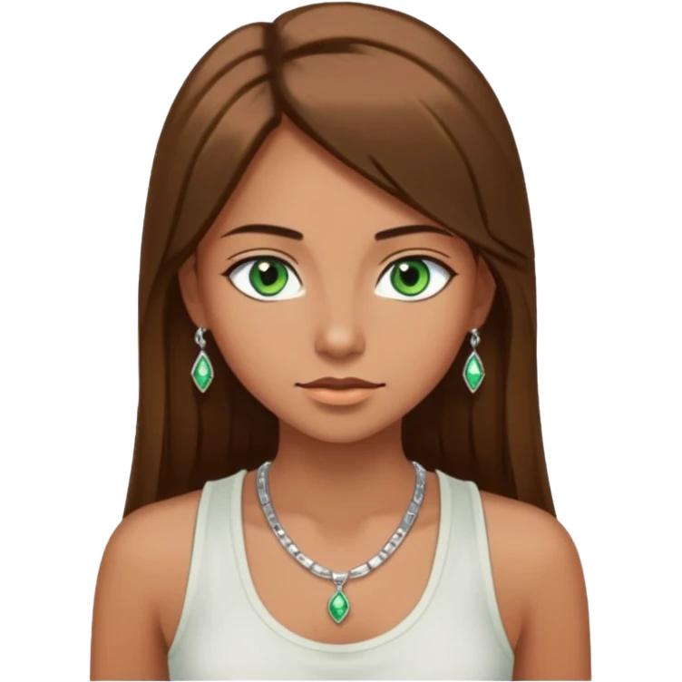 A girl with long brown straight hair, green eyes, and a white tank top; she doesn't have bangs. she wear a lot of silver jewerly tan skin emoji