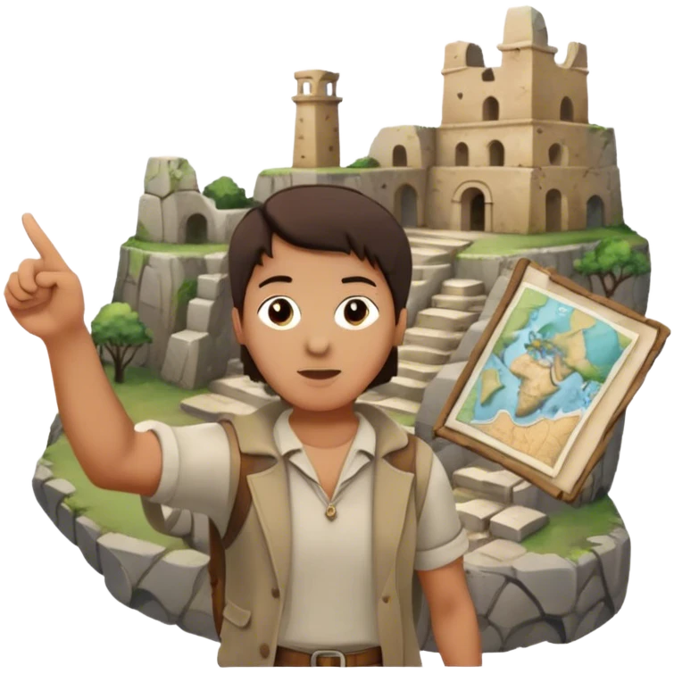 Icon for Documentary Film: A traveler in casual clothing standing and pointing towards ancient ruins, explaining history. The scene should evoke a sense of exploration, with the traveler holding a map or scroll. Include crumbling stones and historical artifacts. Transparent background. emoji