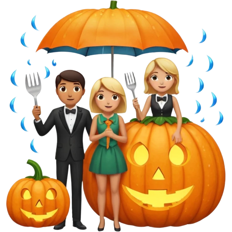 Make a guy hugging a giant pumpkin with a fork in his right hand while there's fire while there's a lady watching while it's raining while there's an umbrella on the ground that's alive and the sun has a bow tie on his neck emoji