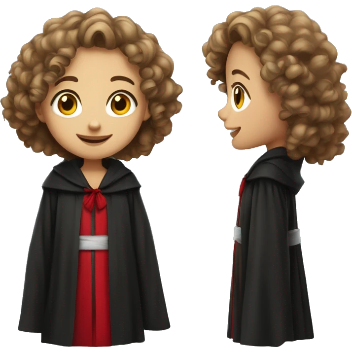 a young girl with curly brown hair, brown eyes, bigger front teeth, shes light skinned and dressed in a black robes with red tie emoji