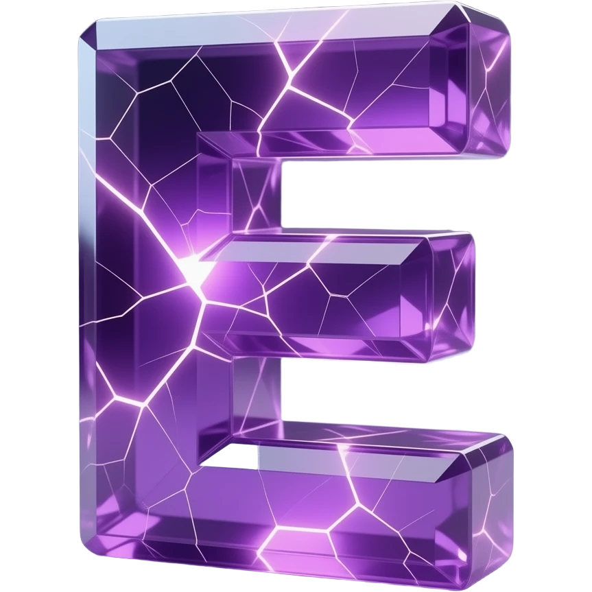 A hyper-realistic 3D letter 'E' carved from translucent purple amethyst, filled with glowing internal fractures. Volumetric lighting, cinematic glow, dark background, 8k resolution, emoji