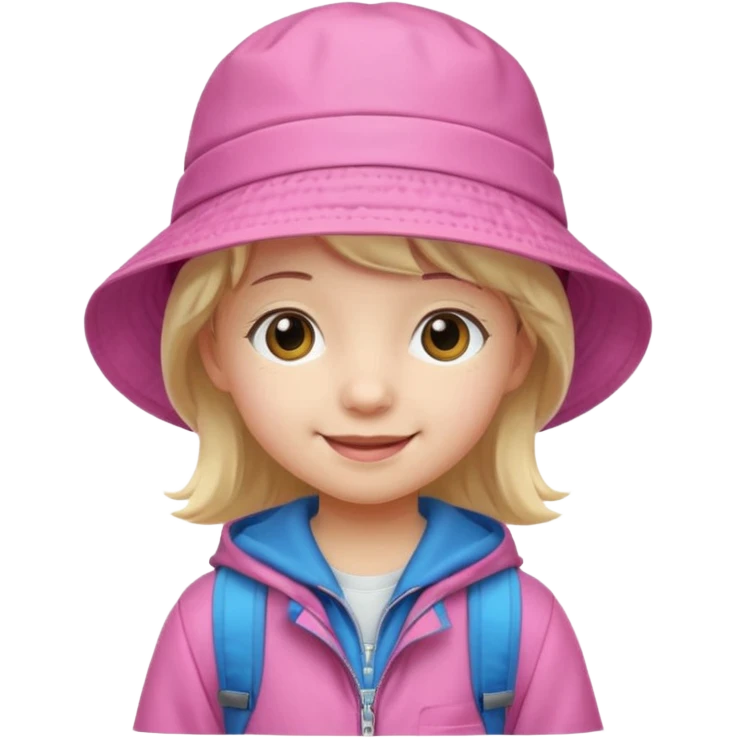 Little student wears pink bucket hat and jacket, backpack, happy emoji