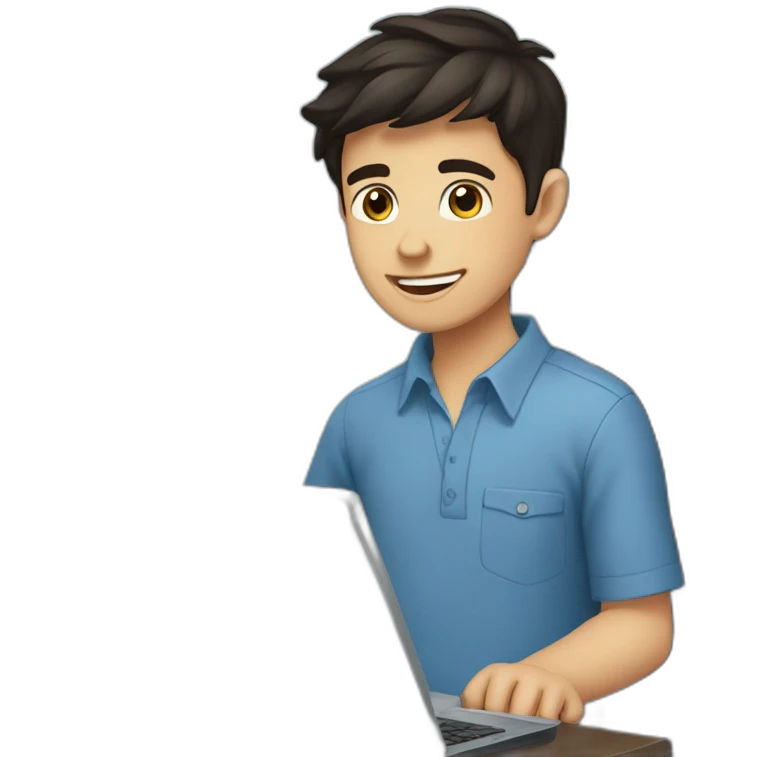 Dark-haired boy without a beard, young, with a computer and happy. With a blue shirt emoji