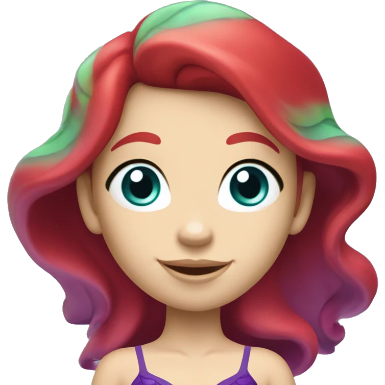 Ariel, the mermaid swimming. Her tail is green, her bikini top is purple, and her hair is bright red and wavy. She has pale skin and blue eyes. She is swimming. emoji