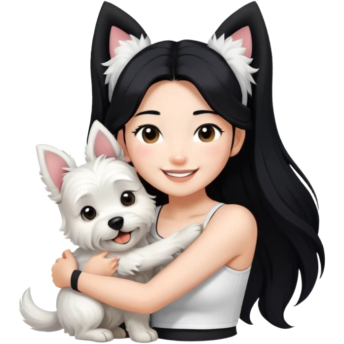An Asain girl with long black hair to her wearing a white crop top and black legging,she is smiling and hugging a west highland terrier with big ears  emoji