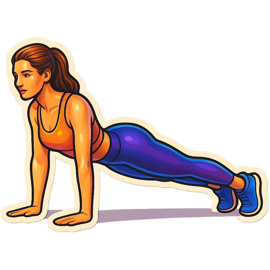 beautiful woman in a top and leggings performing plank pose, retro stickers style, detailed appearance, detailed facial features, shadows and highlights, clean contours, soft lighting, transparent background emoji