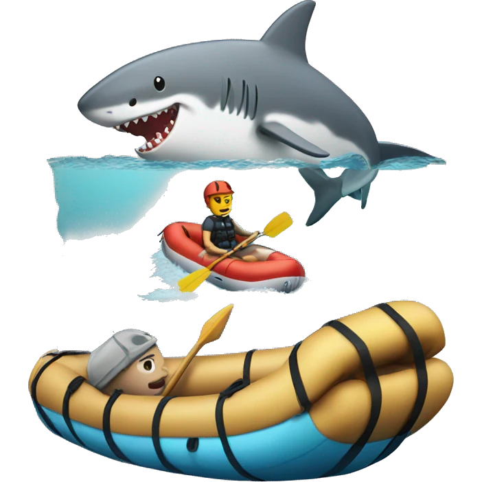 Raft in ocean with shark near it emoji