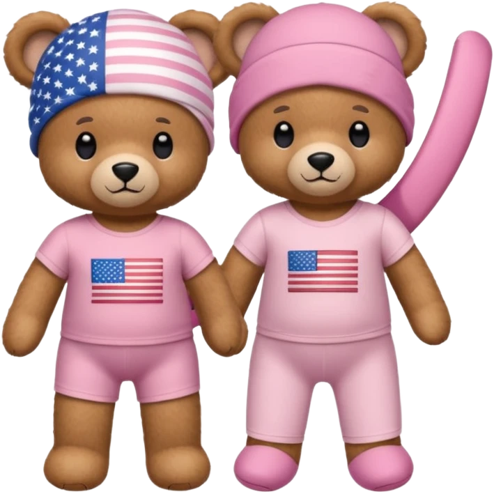 A light brown teddy bear wearing light pink clothes with a US flag print, and another with a Pilates band on its head and wearing sportswear. emoji