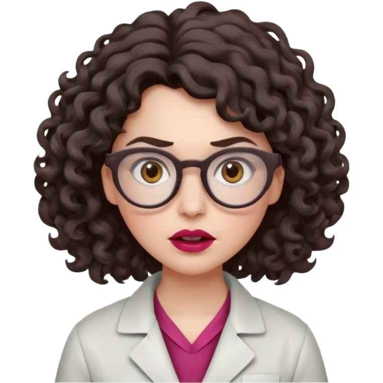 A crazy female scientist, with curly-wavy dark brown medium lenght hair, brown eyes and light grey glasses and pale skin and pinkish lips, dressed to look like an english teacher but in neutral tones like grey black white, maybe with the pop of dark red, with no girly colors, she should look mad emoji