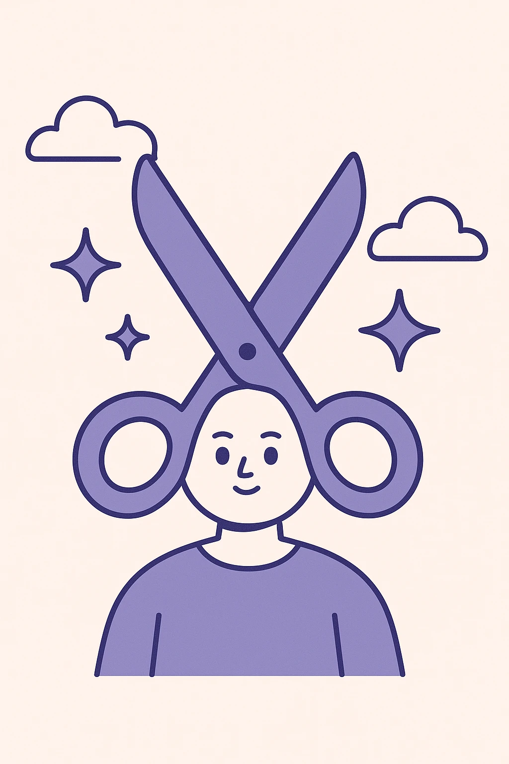 purple scissors with sparkles, flat illustration style emoji