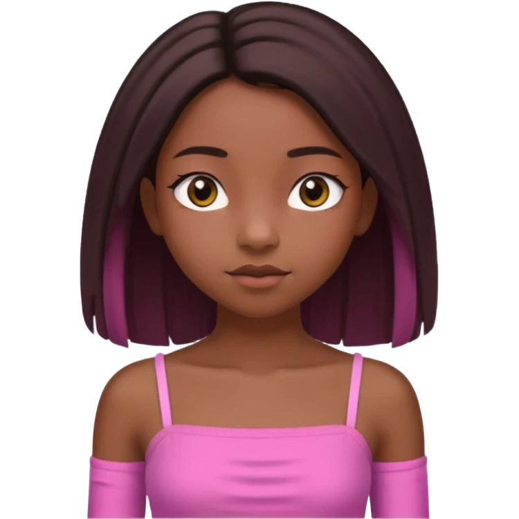 A black 12 yr old girl brushing her shoulder length hair, doe eyes, almond eyes pink tube top and black hair like the 3rd. The first one but hair straight and long and close to body emoji