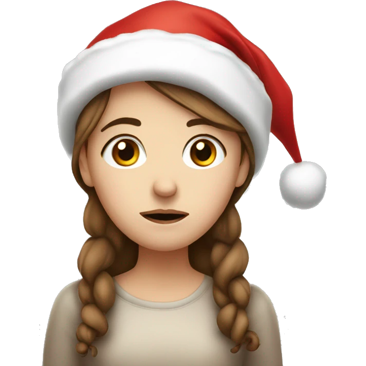 very sad Christmas white girl with brown hair and a christmas hat emoji