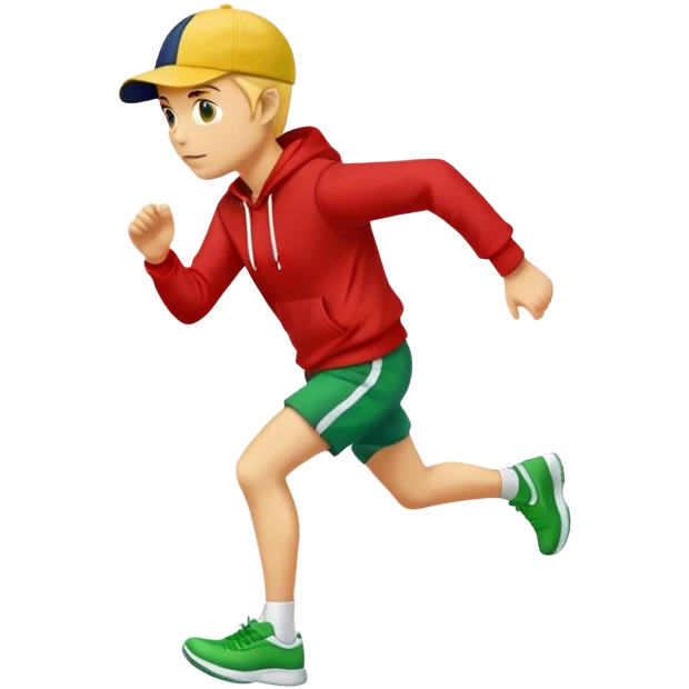 Yellow skin person running wearing navy ball cap, red hoodie, white shorts and green shoes. IOS emoji style.  emoji