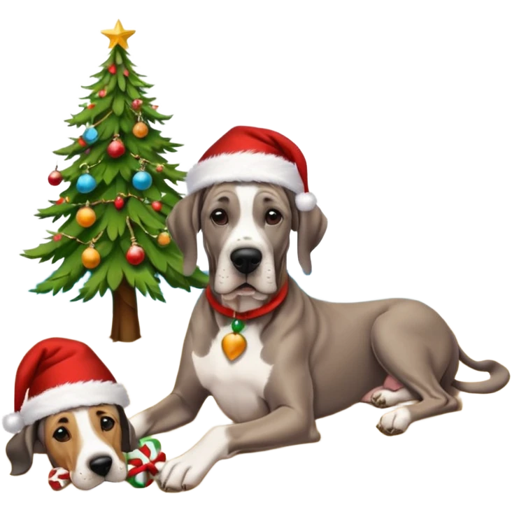Black (no white) cropped Great Dane laying on a tropical beach with a Christmas tree and dog bones under the tree emoji