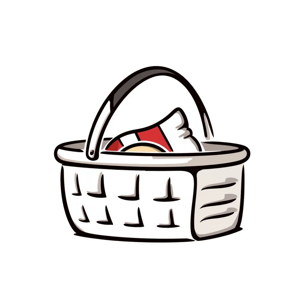 A picnic basket with handle and lid, possibly with some items peeking out, in pastel colors (dd9fb0, ffc6d3, a3bfc9, c4bee2, f1b091), hand-drawn doodle style emoji