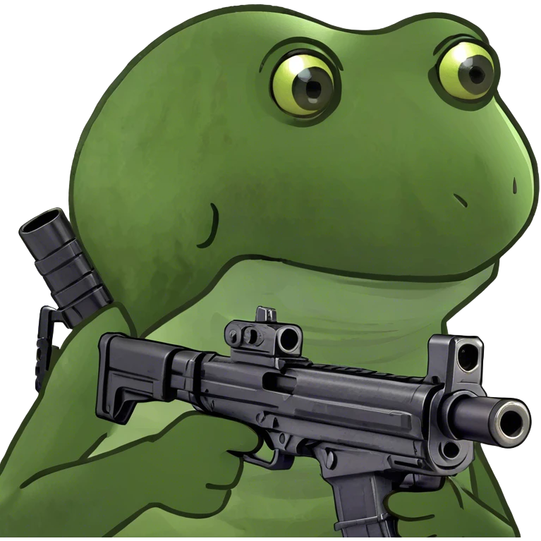 Frog shooting a machine gun emoji