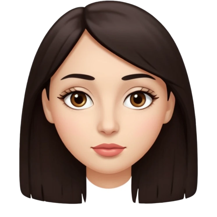 Chica de rostro ovalado, ojos grandes y almendrados café oscuro, cejas gruesas, nariz recta y labios llenos. Cabello lacio, marrón oscuro y largo, con fleco lateral Piel de tono medio con mejillas sonrojadas. emoji