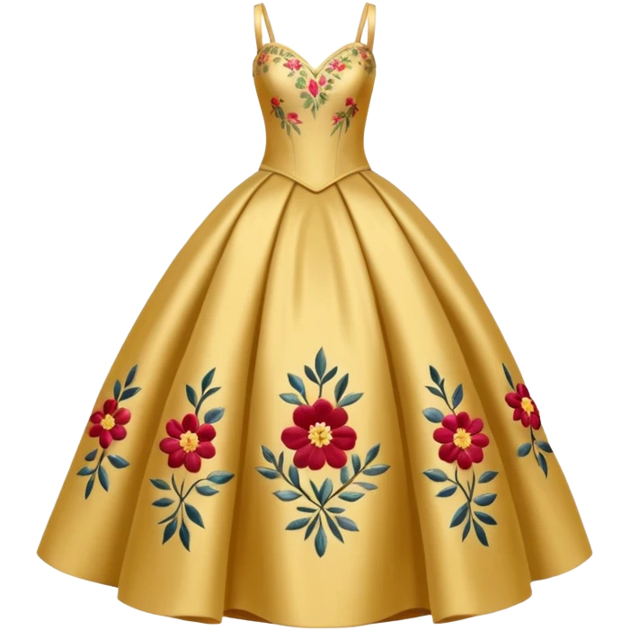 
A golden ball gown with embroidered floral details.




























 emoji