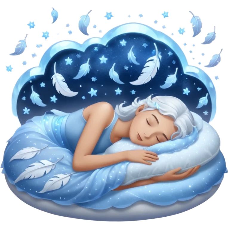 magical ethereal pillow glowing with icy blue and silver light, surrounded by floating feathers and sparkling mist, frosty aura and gentle energy waves cradling a sleeping head, enchanted pain-free sleep under stars emoji