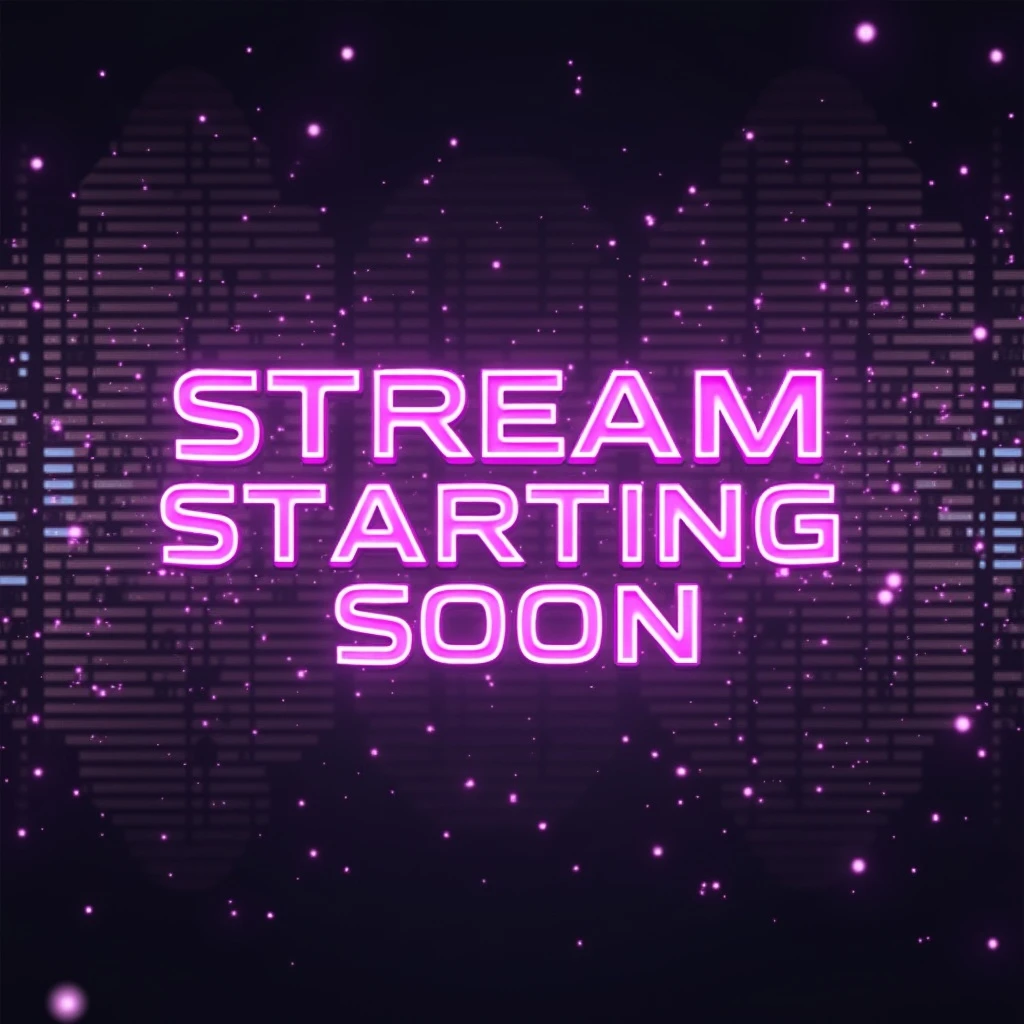 cyberpunk themed streaming overlay with 'stream starting soon' text, lavender and purple neon, glitch effects, bold futuristic font emoji