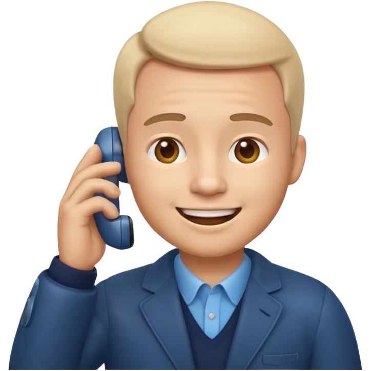 3D emoji style man talking on phone, holding a smartphone to his ear, smiling, rounded face, soft shading, glossy texture, Apple iOS emoji style, clean white background, centered, high detail, sticker style
 emoji