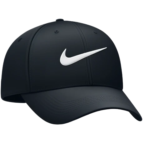 Simple black Nike cap with white Nike swoosh logo embroidered on the front. Baseball cap style. Just the hat by itself. emoji