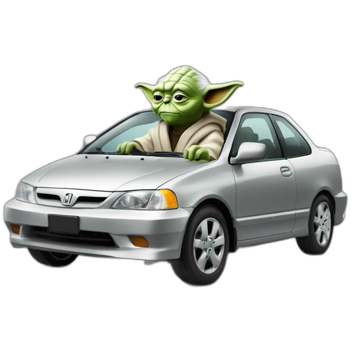 Yoda driving a silver 2001 Honda civic (he had too much ketamine) emoji