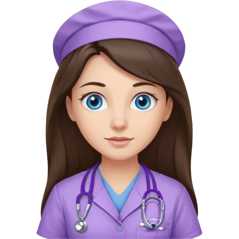 pretty brunette nurse with long hair and blue eyes in lilac scrubs emoji