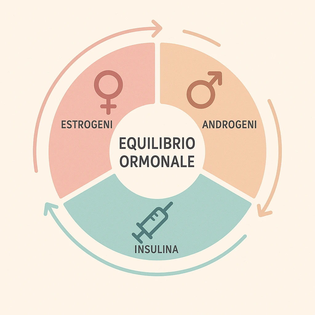 infographic with pie chart, center text 'Equilibrio Ormonale', surrounding icons of key hormones (estrogen, androgens, insulin), arrows connecting phases, clean style, pastel colors emoji