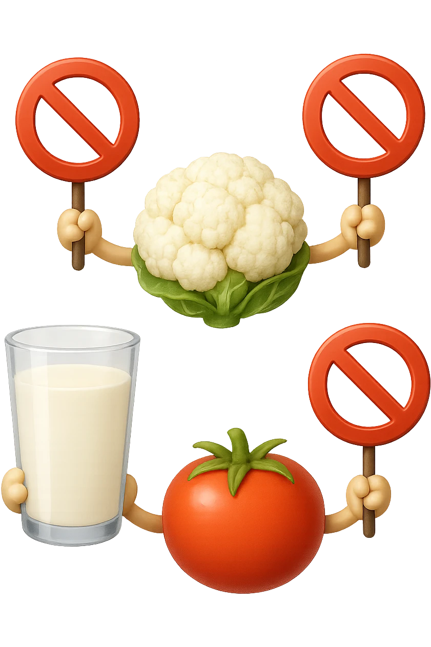 emoji stile iphone di un BICCHIERE DI LATTE CAVOLFIORE E POMODORO CHE FLUTTUANO IN ARIA VERTICALMENTE CON DIVIETI IN MANO, iperrealistico 4k, isolato su sfondo bianco emoji