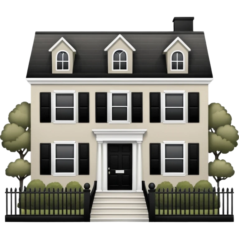 greige colonial house with black shutters and black front door and black railings. emoji