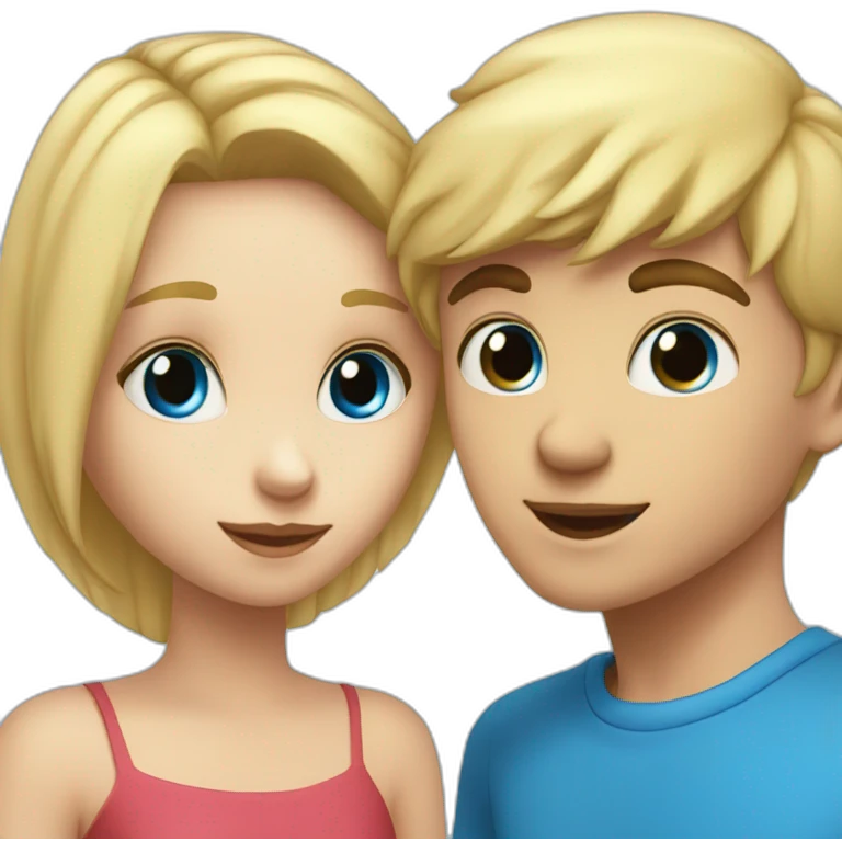A blond boy with blue eyes who kisses a pretty blonde girl with blues eyes,  with a heart above their heads  emoji