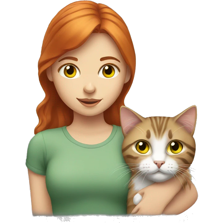 red haired girl with green eyes holding a fluffy gray tabby cat with yellow eyes emoji