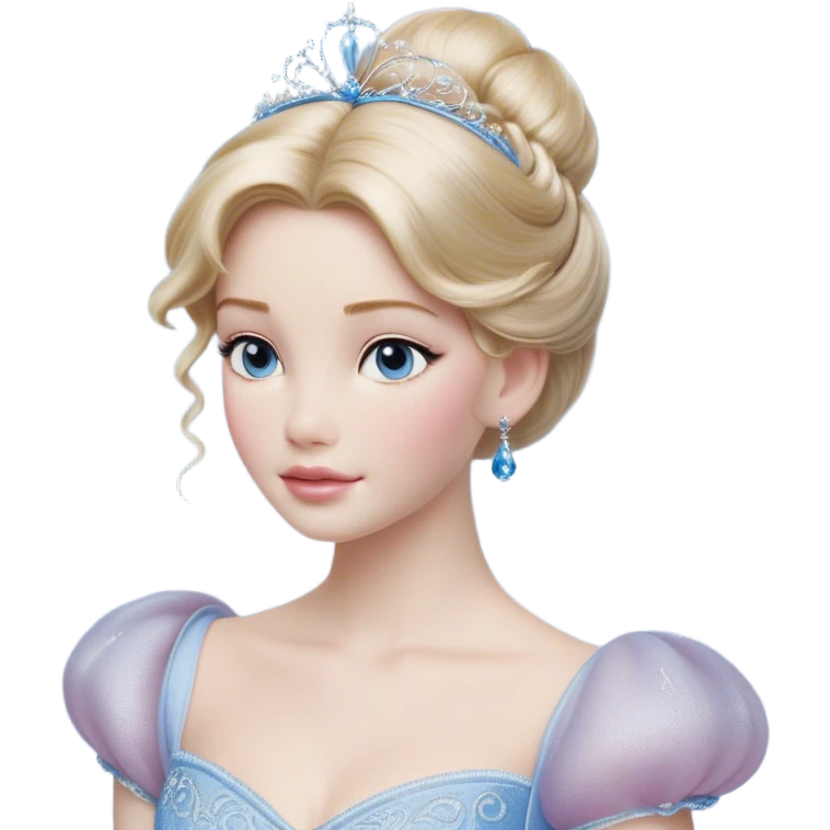 Cinematic Realistic Cinderella Portrait, depicted with lifelike skin texture, subtle rosy undertones, and soft natural lighting that enhances the gentle contours of her face. Her intricately detailed golden blonde hair is elegantly styled in an updo, with delicate wisps framing her face for added realism. Her deep, expressive blue eyes radiate warmth and sincerity, reflecting a quiet resilience and grace. She is dressed in her iconic ball gown, the fabric shimmering with intricate embroidery and fine translucent layers that catch the light beautifully. The soft sheen of satin gloves and the delicate sparkle of a glass-like slipper peeking from beneath her dress add a touch of magical realism. The portrait features an enchanting glow with a natural, luminous finish, seamlessly blending realism and fairytale charm to evoke a sense of depth, elegance, and timeless beauty. emoji